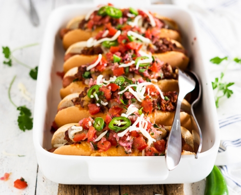 oven baked, loaded Chili Dogs