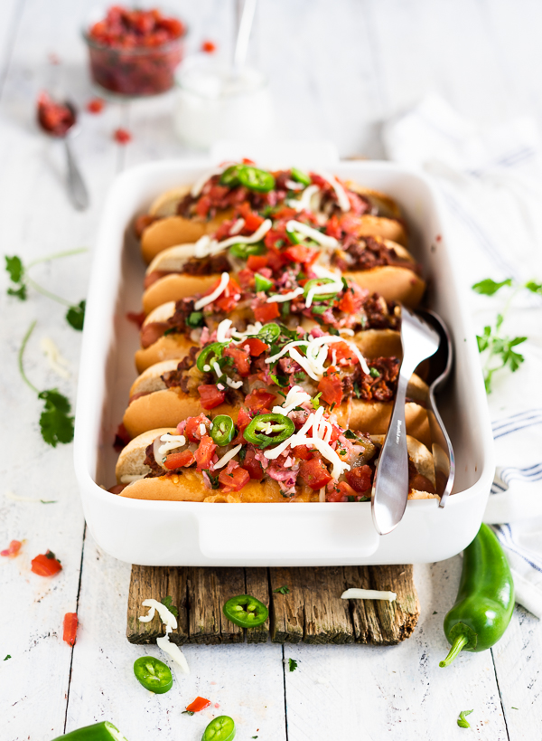 oven baked, loaded Chili Dogs